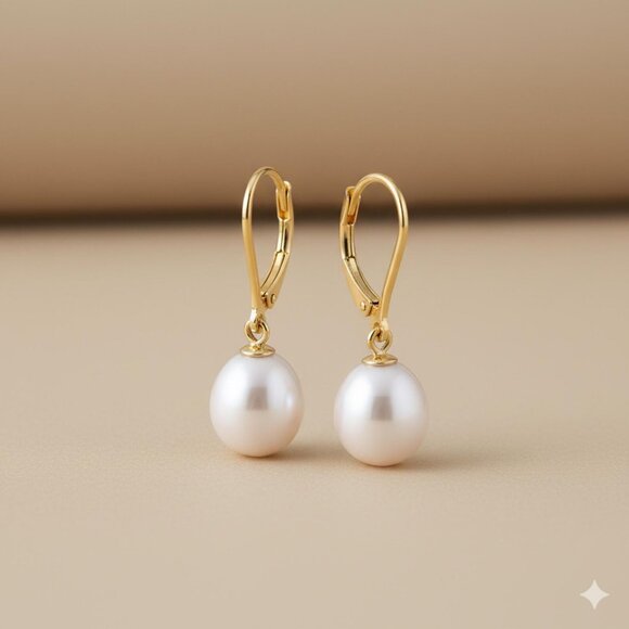 18k Gold Natural Freshwater Pearl Earrings, Single Pearl Earrings, Dropped Pearl - Picture 1 of 6